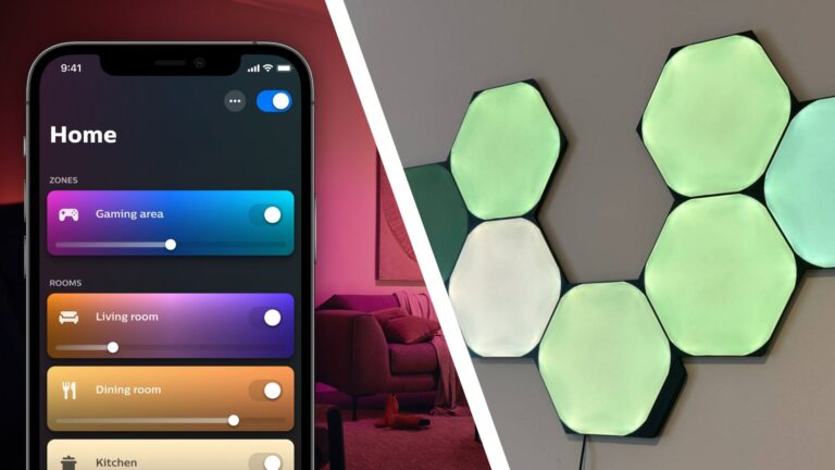 The philips hue app next to nanoleaf shapes
