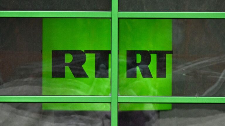 The logo of RT (Russia Today) on display at the companys headquarters in Moscow