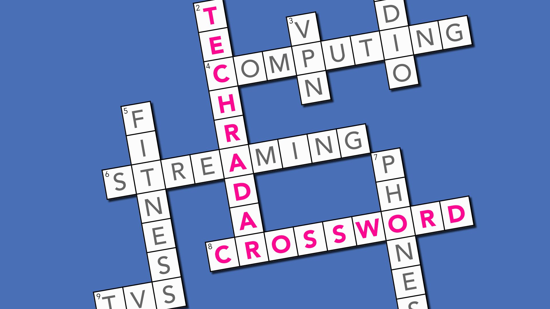 A crossword puzzle with the words TechRadar Crossword in pink and other clues filled in with categories from across the site