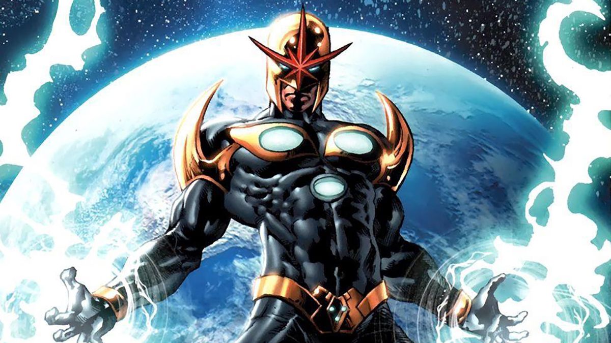 A screenshot of Marvel hero Nova floating above a planet with energy projecting from his hands