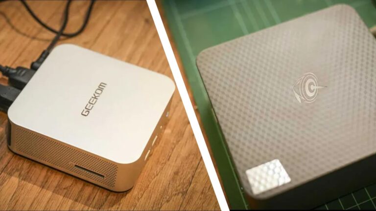 The Geekom A6 and Beelink EQi mini PCs on a home office desk during our tests