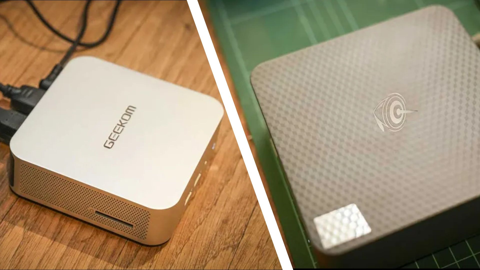 The Geekom A6 and Beelink EQi mini PCs on a home office desk during our tests