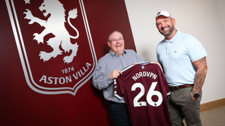 Aston Villa's representives holding a team's shirt named as NordVPN
