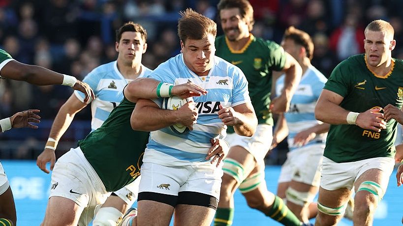 Argentina's prop Tomas Rapetti is tackled by South Africa's Boan Venter during the Rugby Union one-off test match between Argentina and South Africa at the Jose Amalfitani stadium in Buenos Aires.