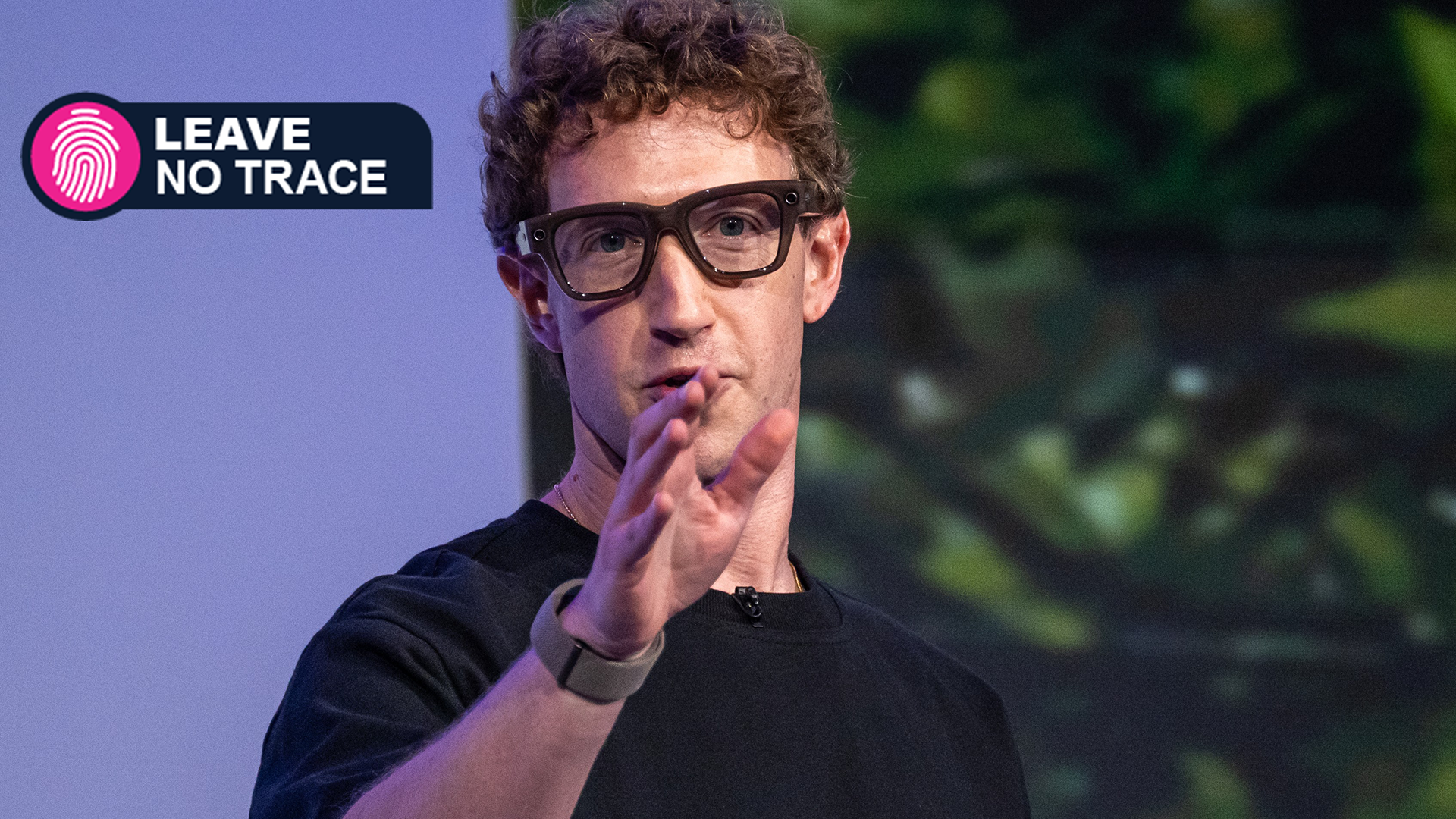 Mark Zuckerberg wearing a pair of Meta Ray-Ban AI glasses during the Meta Connect event in Menlo Park, California, on Sept. 17, 2025, plus the Leave No Trace logo on top left