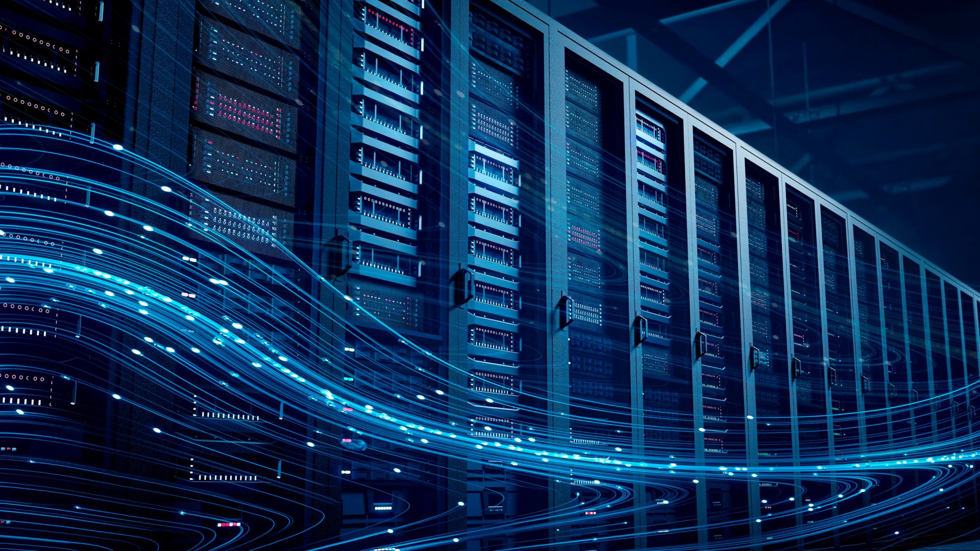 Stylized image of a data center rack with electric blue lines running across it
