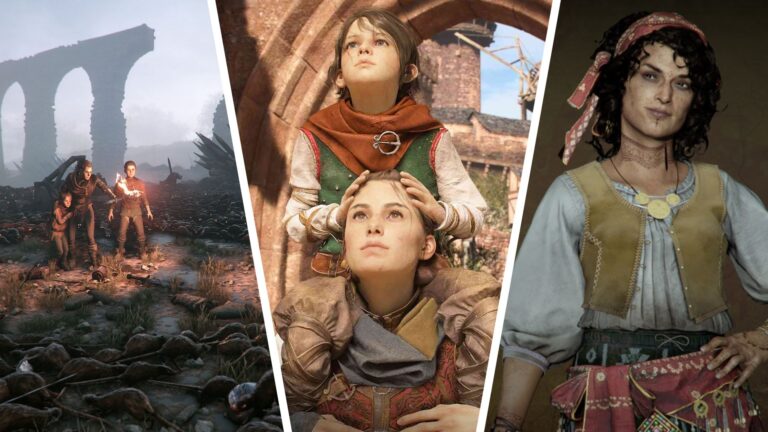 Three images or bits of key art from A Plague Tale: Innocence, Requiem, and Resonance