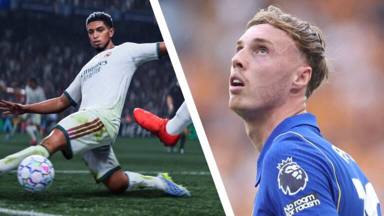 A split image featuring a screenshot from EA Sports FC 27 showing Jude Bellingham lunging for the football and Cole Palmer on the other side looking up to the sky.