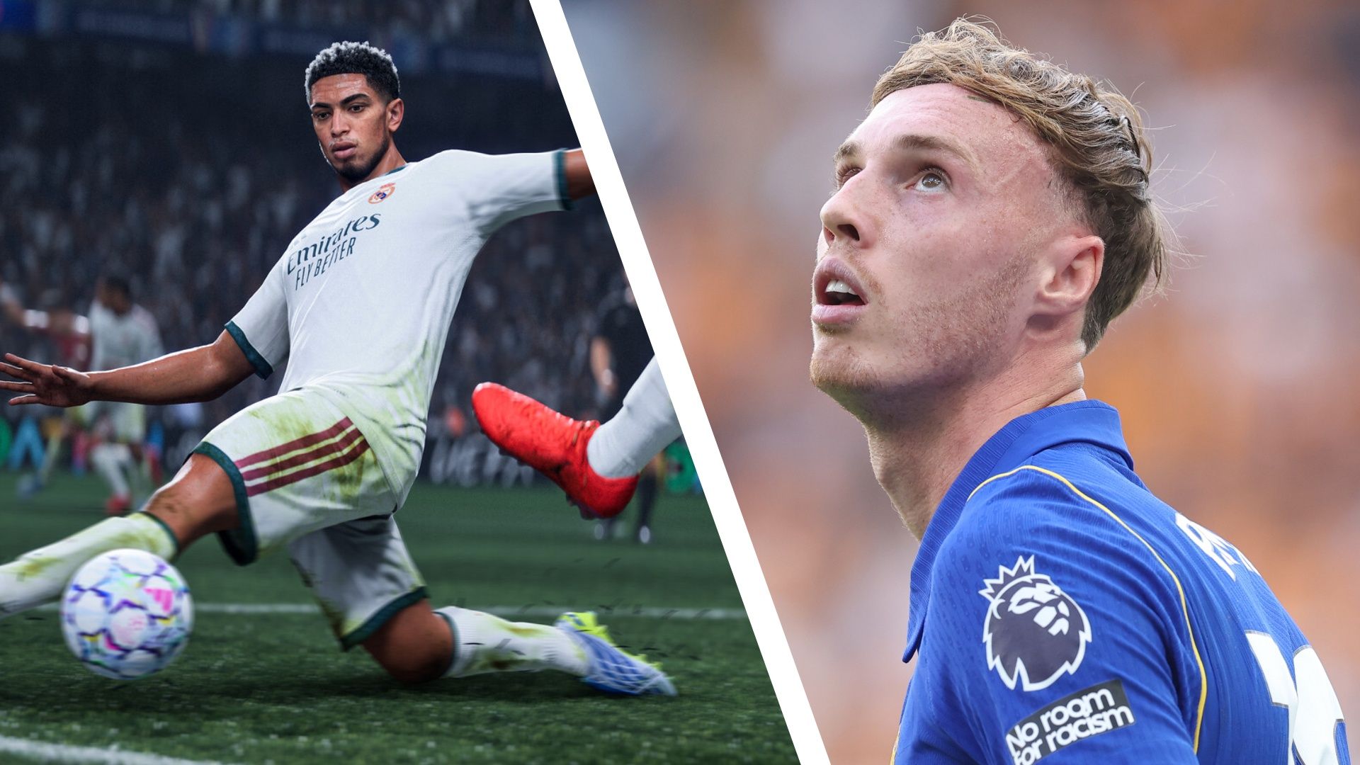 A split image featuring a screenshot from EA Sports FC 27 showing Jude Bellingham lunging for the football and Cole Palmer on the other side looking up to the sky.