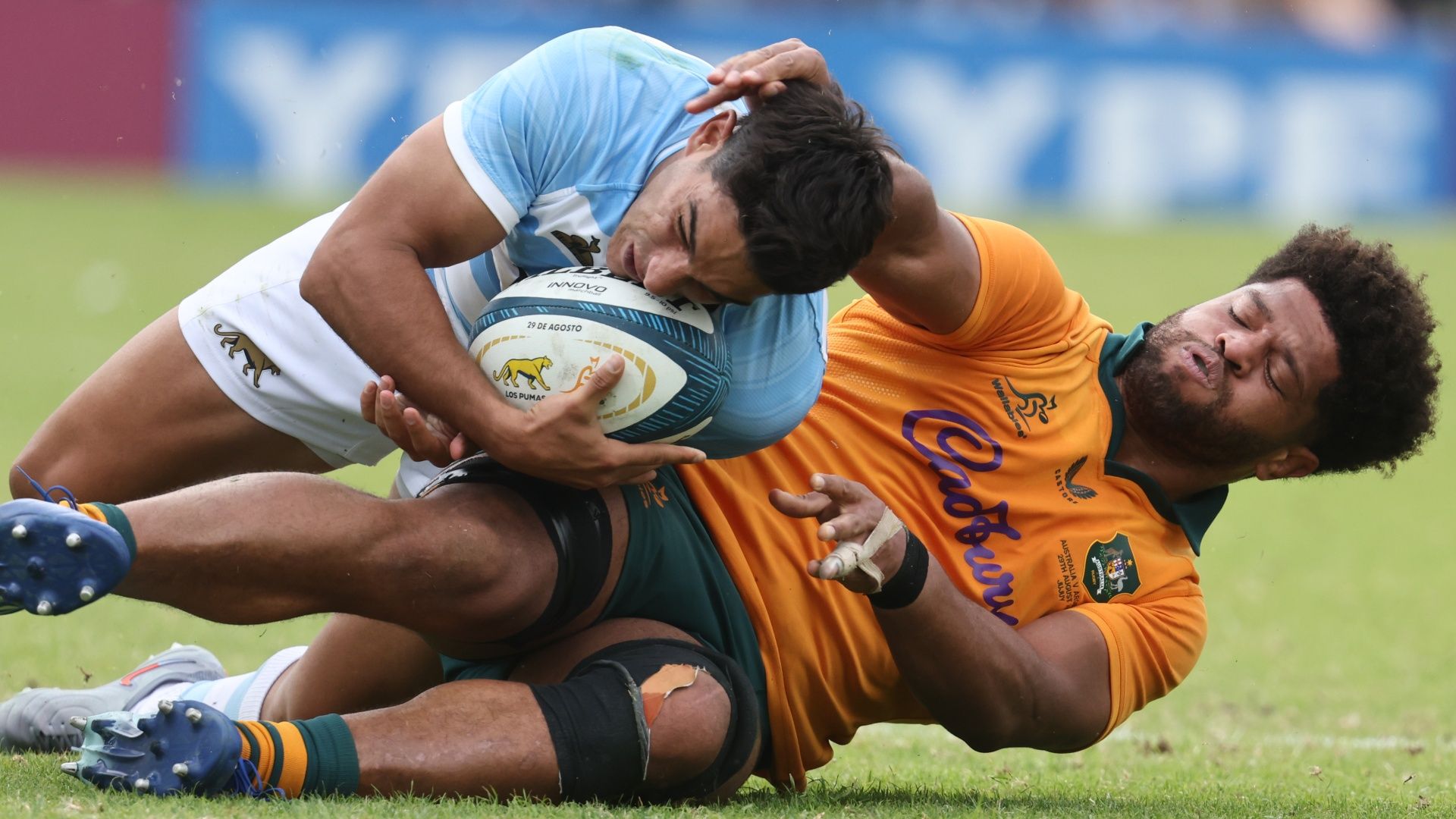 Santiago Carreras being tackled by Rob Valetini during the Argentina vs Australia match on August 29, 2026
