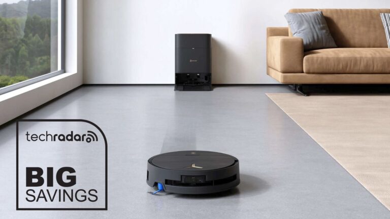 Ecovacs Deebot X8 Max Pro Omni robot vacuum cleaning hard floors in a living room with a TechRadar deals badge for big savings
