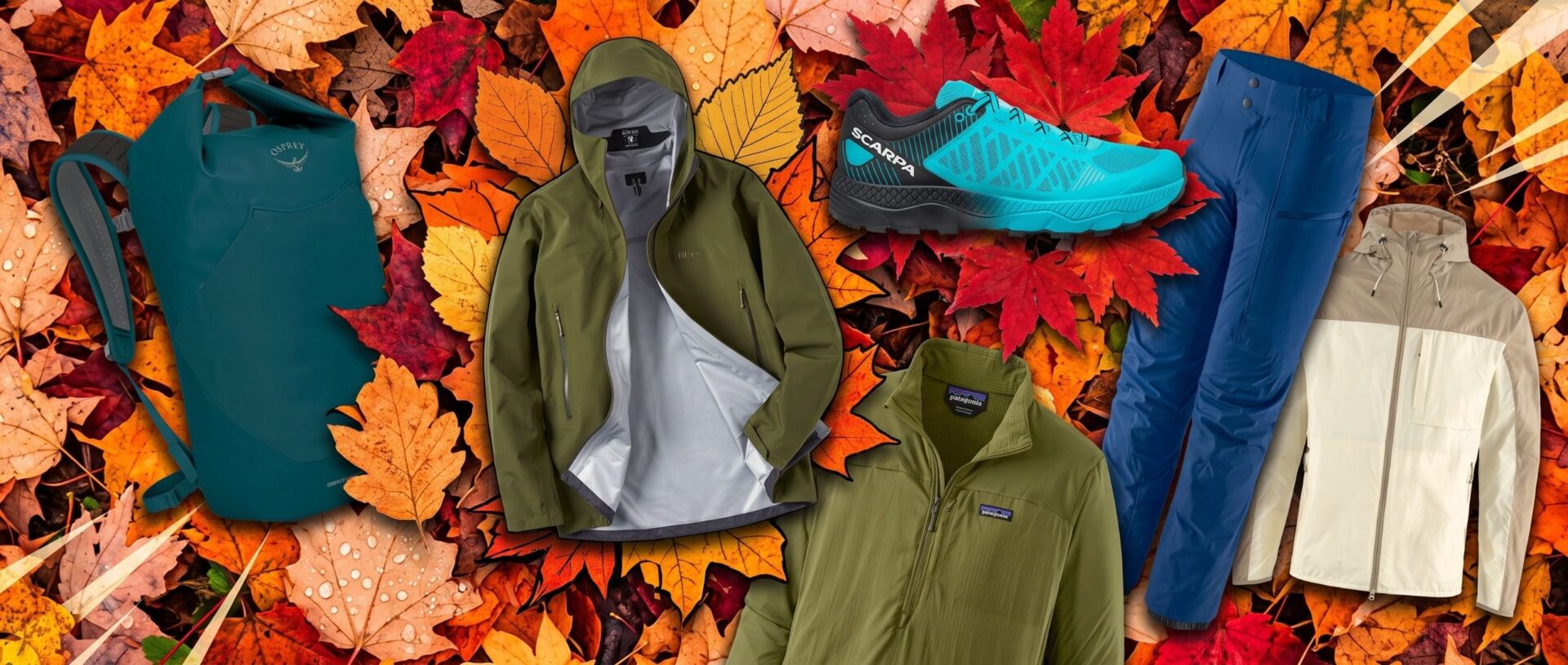 Selection of outdoor apparel from Backcountry, against a background of autumn leaves