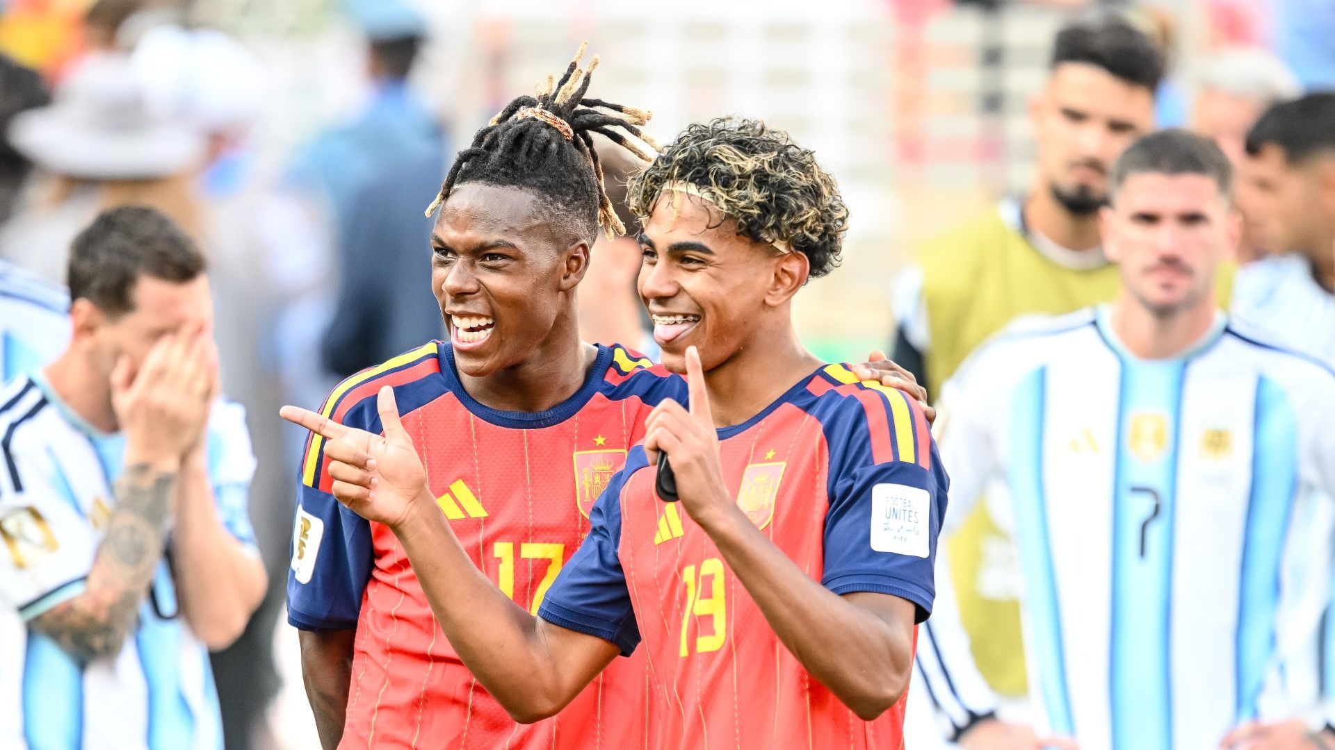 Spain's Nico Williams and Lamine Yamal celebrate winning World Cup 2026