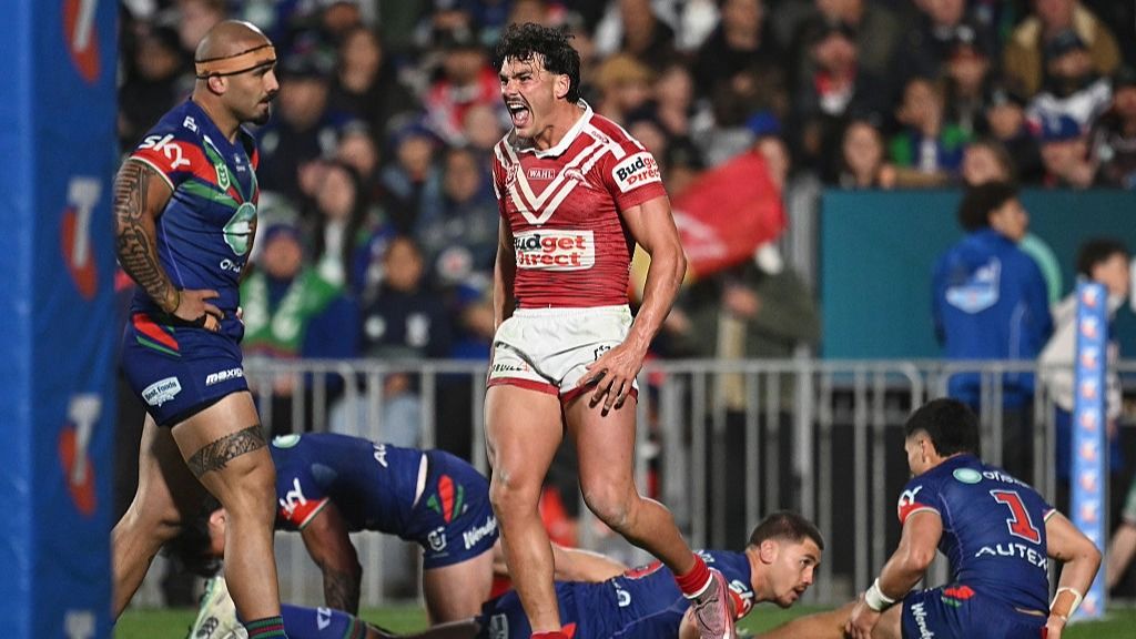 Herbie Farnworth celebrates scoring a try for the Dolphins in the NRL 2026