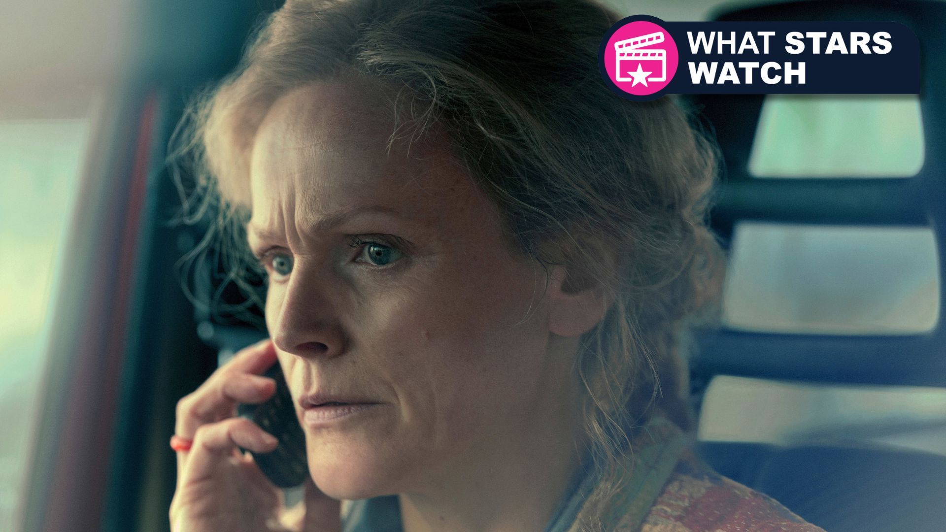Maxine Peake talks on the phone with the What Stars Watch logo on her right