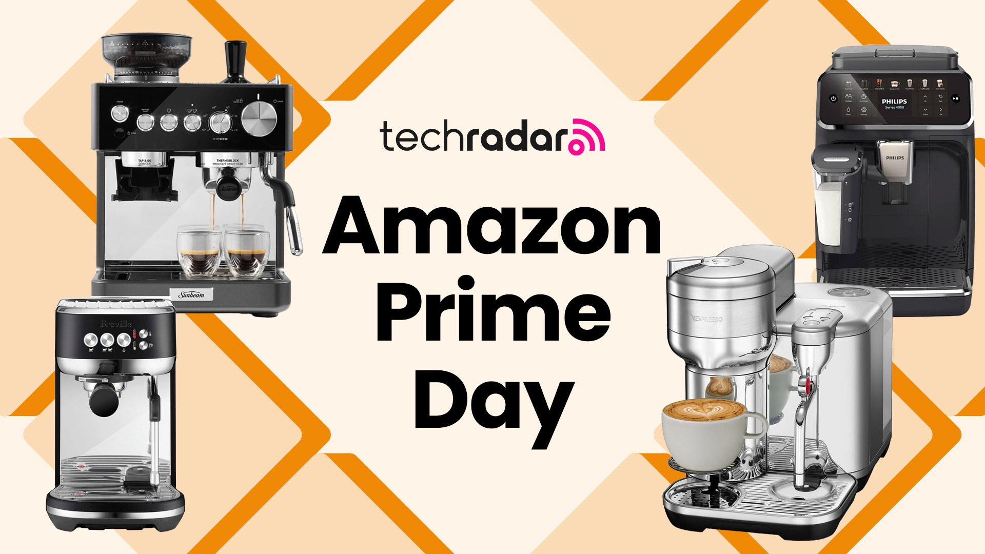 A selection of coffee machines arranged on an orange background, with "Amazon Prime Day" text in the centre.
