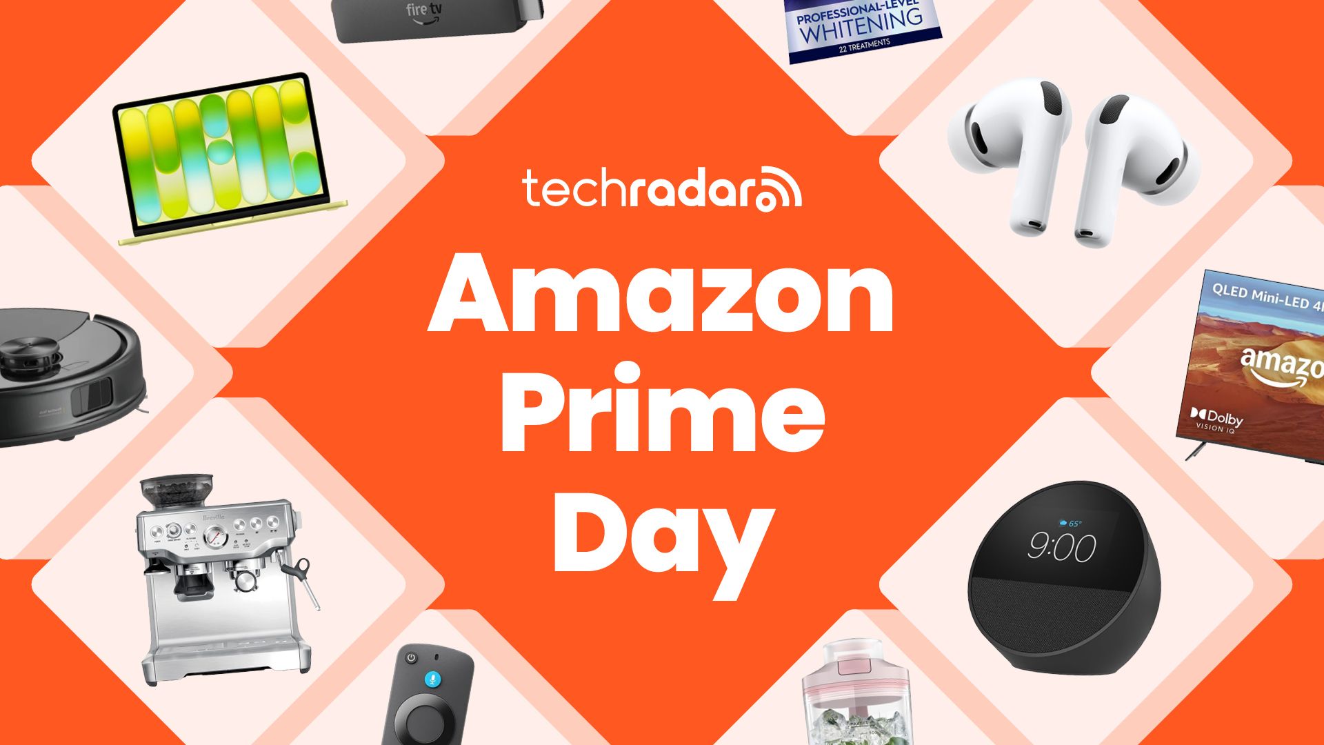 Collage of tech from the Amazon Prime Day sale including a MacBook, Sage coffee machines, AirPods and Echo Spot with the TechRadar logo in the middle
