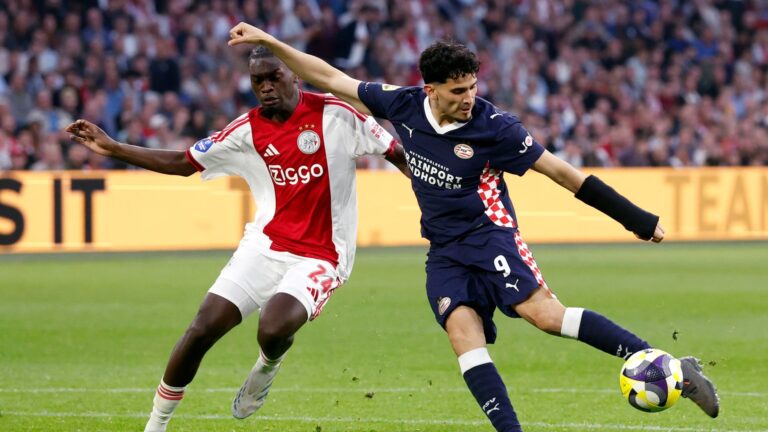 Jorthy Mokio and Ricardo Pepi during the Ajax v PSV Eindhoven game on May 2, 2026