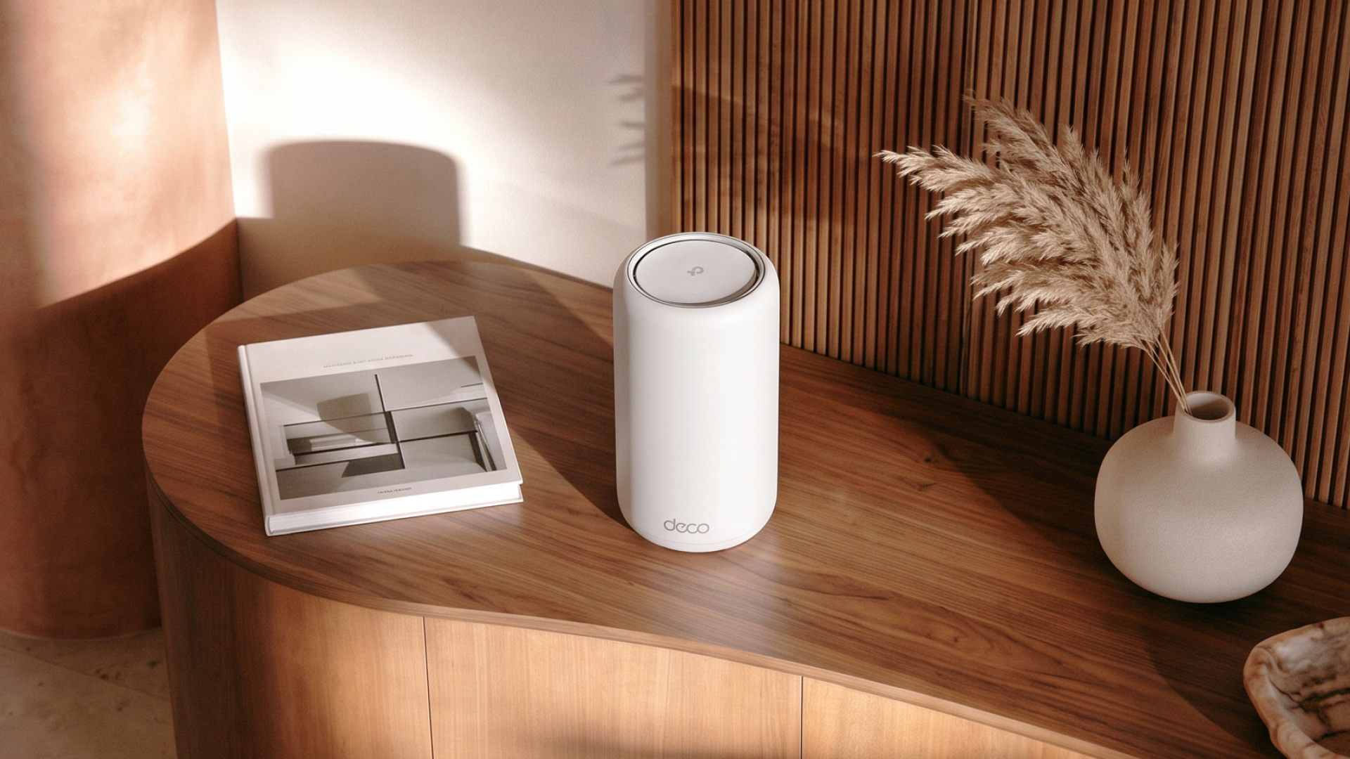 TP-Link Deco 8 Ultra mesh router unit placed on a wooden cabinet in a living room