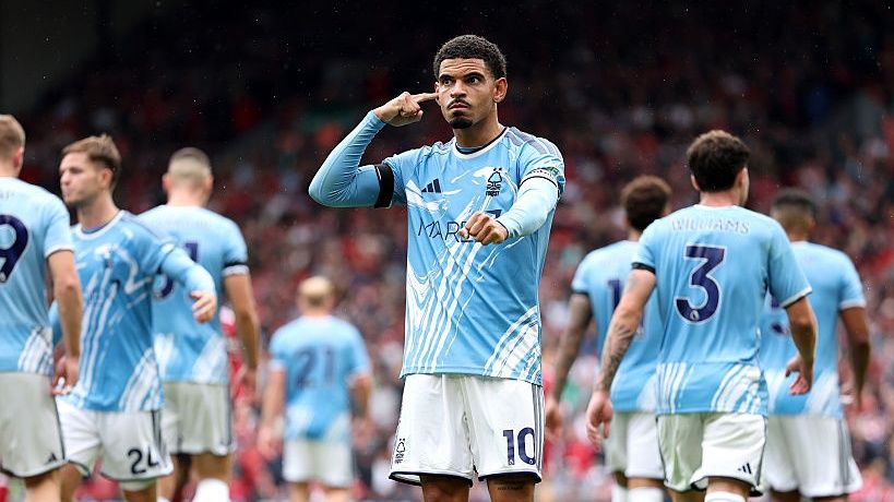 Morgan Gibbs-White of Nottingham Forest celebrates scoring his team&rsquo;s second goal during the Premier League 2026/27 match between Liverpool FC and Nottingham Forest FC at Anfield.