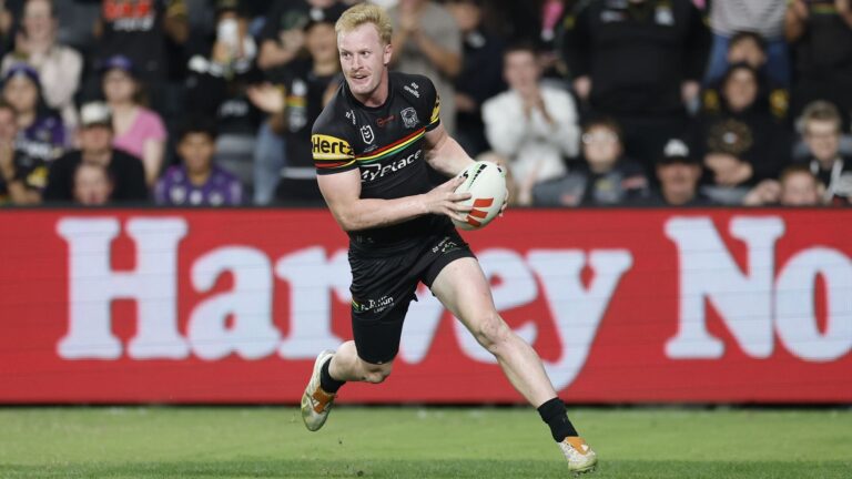 Thomas Jenkins of the Penrith Panthers scores a try during the 2026 NRL season.