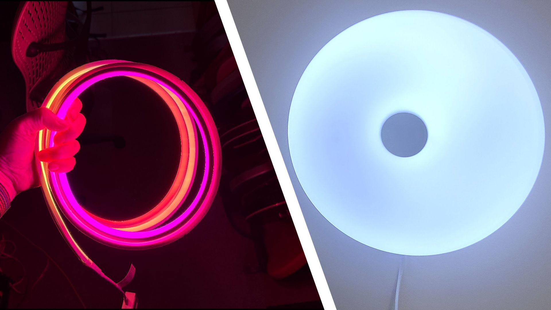 Split image of Philips Hue light strip and IKEA Varmblixt smart lamp
