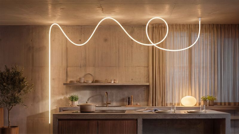 Philips Hue Liane 360-degree smart rope light hanging in kitchen