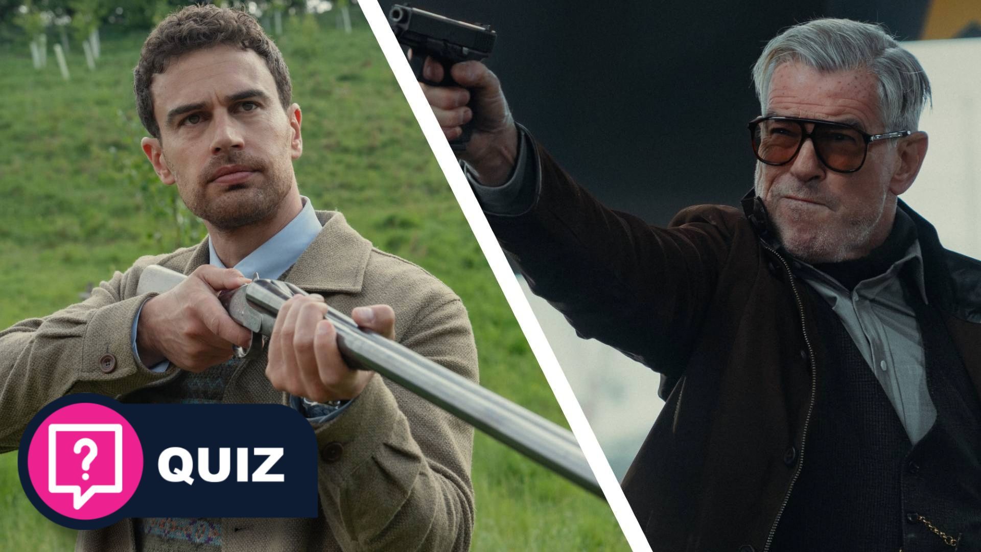 Theo James and Pierce Brosnan with the TechRadar quiz logo overlapped