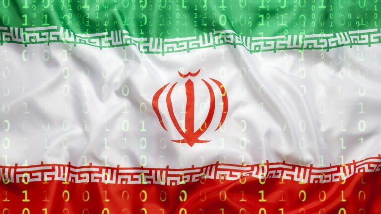 Binary code with Iran flag, data protection concept - stock photo