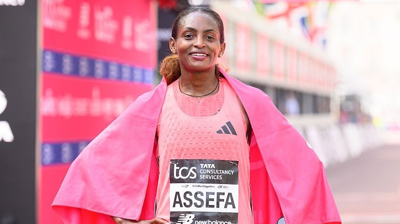 Tigst Assefa of Team Ethiopia celebrates winning with a new World Record time during the Women’s 2026 TCS London Marathon on April 26, 2026 in London.