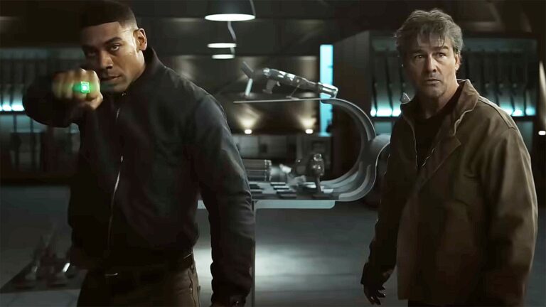 John Stewart powering up a Green Lantern ring next to Hal Jordan in Lanterns on HBO Max