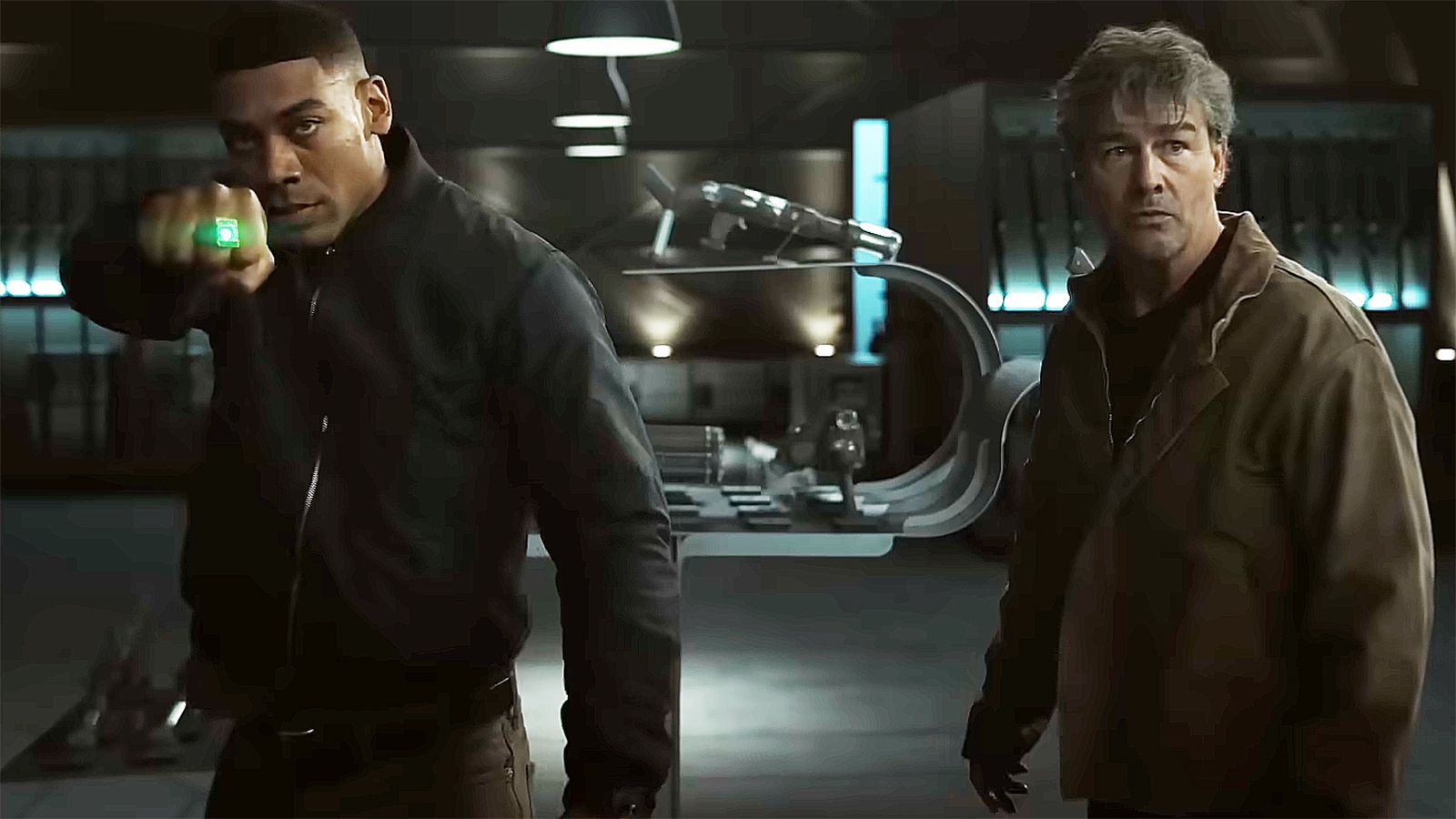 John Stewart powering up a Green Lantern ring next to Hal Jordan in Lanterns on HBO Max