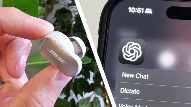 A split image. On the left is a Bose earbud held in a woman's hand with foliage in the background. On the right is the icon of the ChatGPT app on iPhone