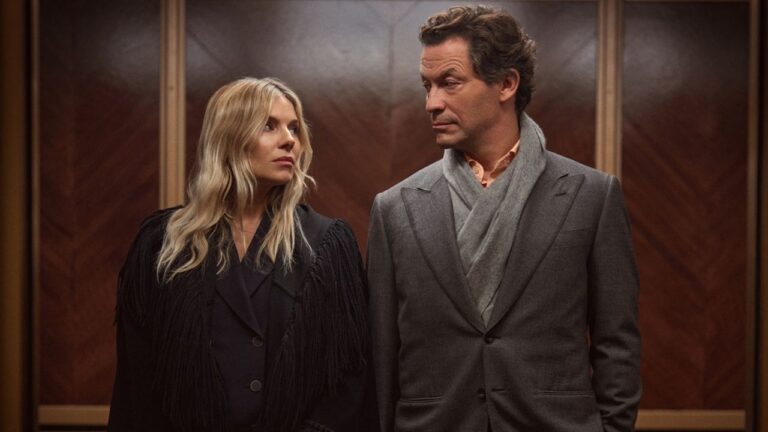 Sienna Miller's Carla and Dominic West's Morgan looking at each other in HBO and Sky legal drama WAR