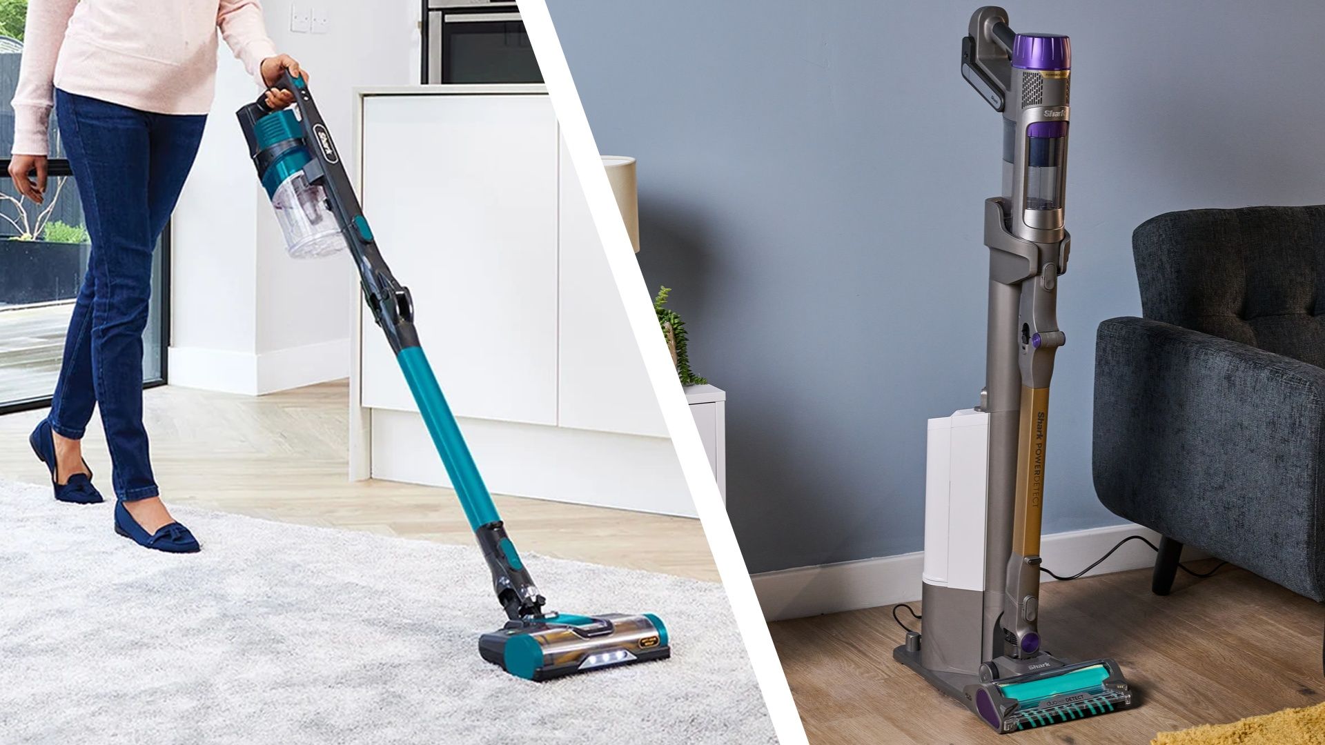 Side-by-side images of a woman using the Shark IZ102 vacuum and the Shark PowerDetect Clean &amp; Empty