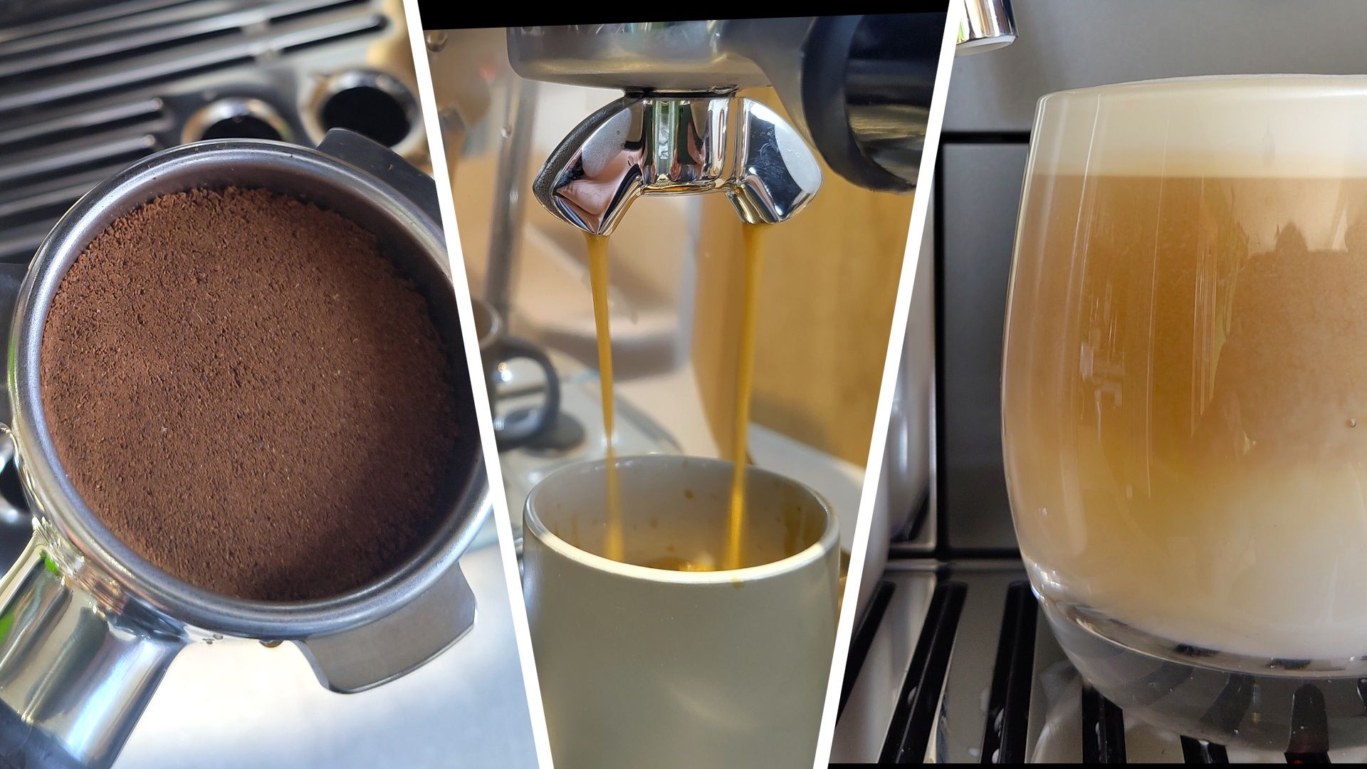 Split image showing ground coffee in portafilter, coffee maker dispensing espresso into cup, and glass containing macchiato made using home coffee maker