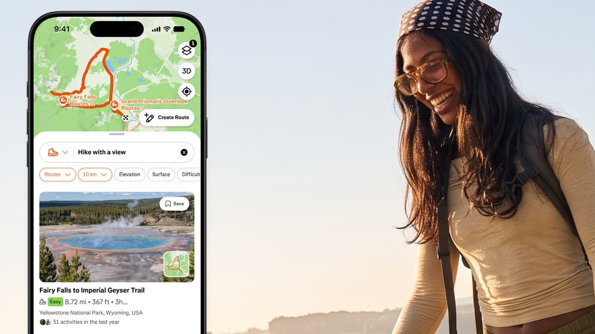 The Strava app's route planning feature displayed on an iPhone next to a smiling woman.