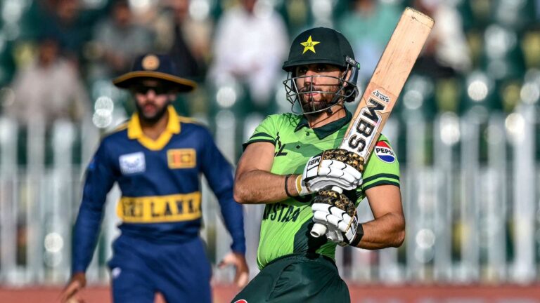 Pakistan's Salman Agha watches the ball after playing a shot during the tri-series one-day international (ODI) cricket match between Pakistan and Sri Lanka at the Rawalpindi Cricket Stadium.