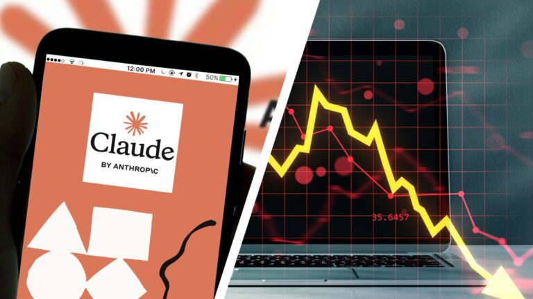 A phone showing the Claude by Anthropic app next to a downward stock market graph superimposed over a laptop.