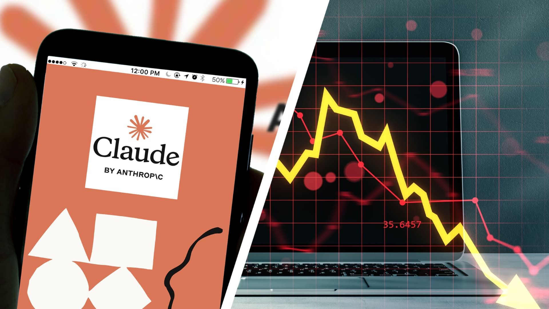 A phone showing the Claude by Anthropic app next to a downward stock market graph superimposed over a laptop.
