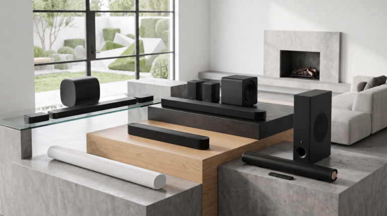 A selection of soundbars arranged on pedetals in a living room setting.