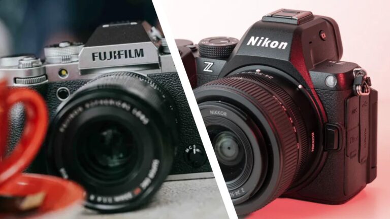 The Fujifilm X-T5 camera on a coffee table behind a red coffee cup (left), the Nikon Z5 II camera on a white studio surface, illuminated with a red light