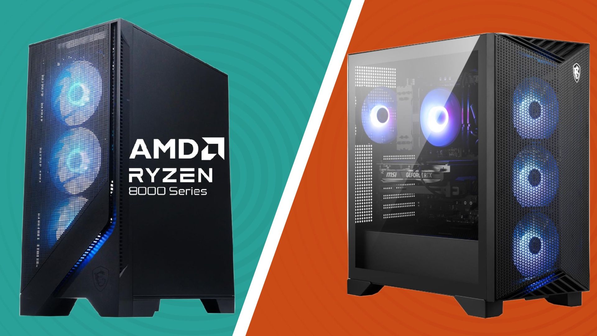 The MSI Codex Z2 and Aegis R2 desktop PCs on a split-screen on TechRadar-branded green and orange backgrounds for contrast