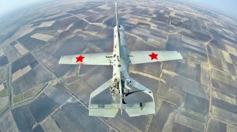 A Russian gasoline-powered drone featuring red stars on its wings
