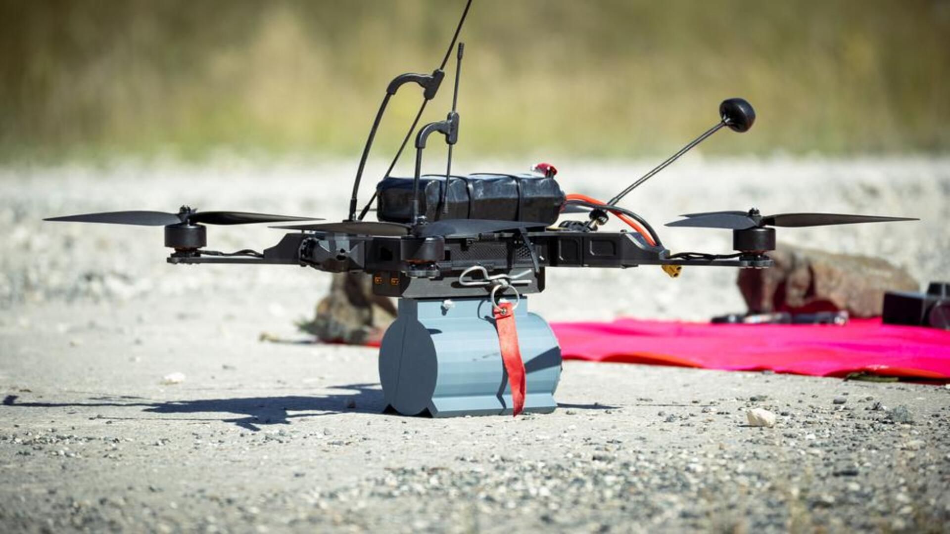An Orqa MRM2-10 drone fitted with a 3D-printed device housing explosives