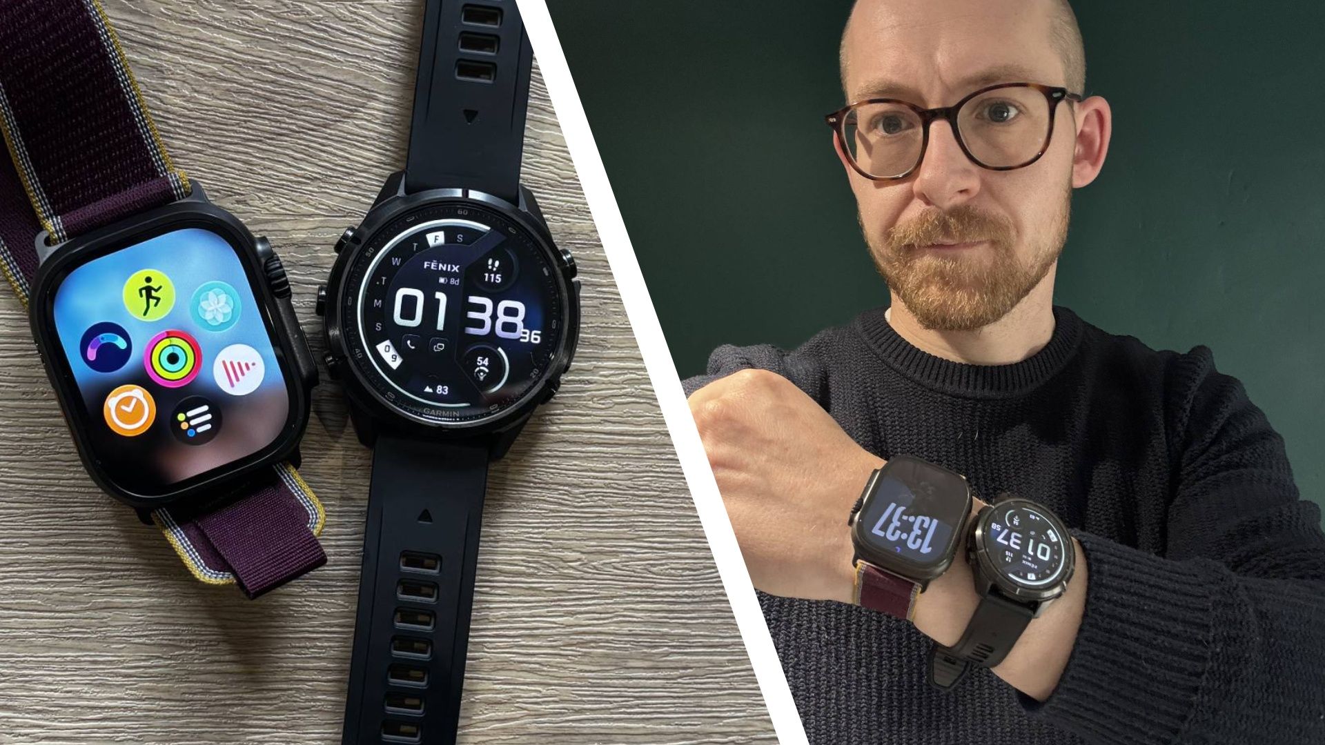Apple Watch Ultra 4 and Garmin Fenix 9 Pro worn on the same wrist