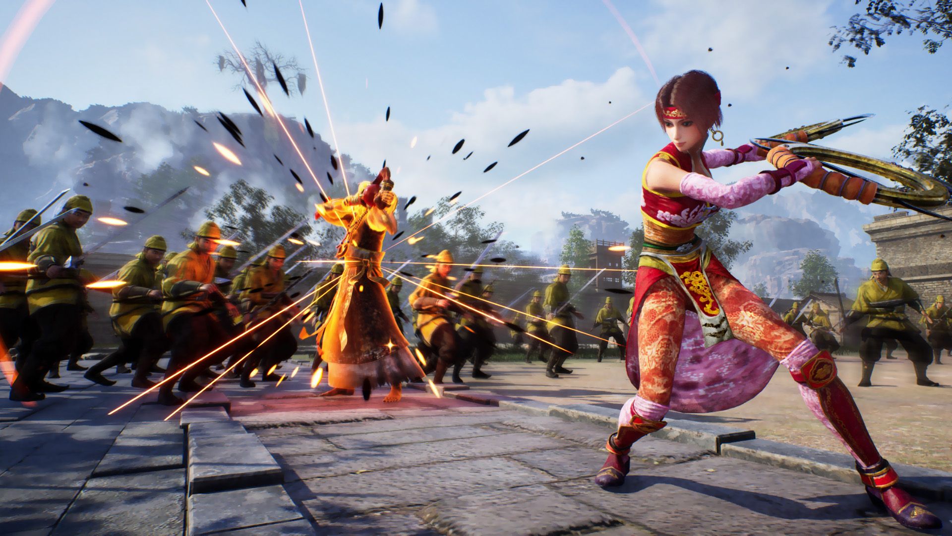 Dynasty Warriors 3: Complete Edition Remastered screenshot showing officer Sun Shangxiang in the foreground, preparing to counter a charge attack