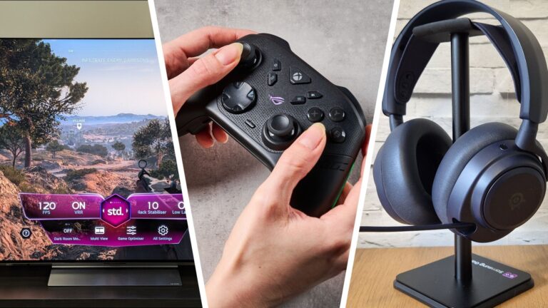 A three way split image showing the LG C6 TV, the Asus Rog Raikiri II controller, and the SteelSeries Arctis Nova Pro Omni headset