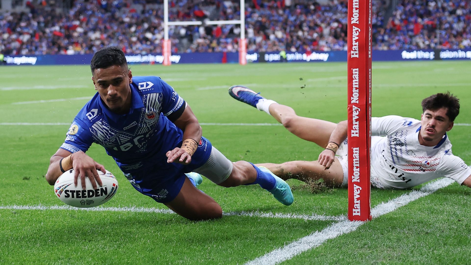 Sualauvi Fa'alogo of Samoa scores a try during the 2026 Men's Rugby League World Cup match between Samoa and France.