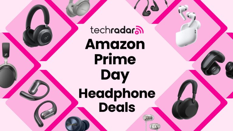 A selection of headphones arranged in a diamond shape, around a central block of text reading "Amazon Prime Day Headphone Deals".